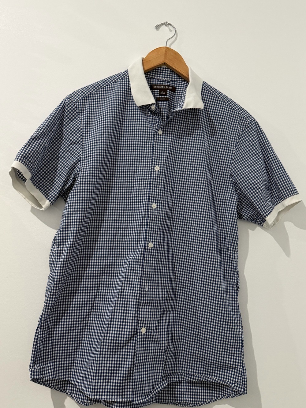 Michael Kors Navy Gingham Short-Sleeve Button-Down with White Contrast Collar